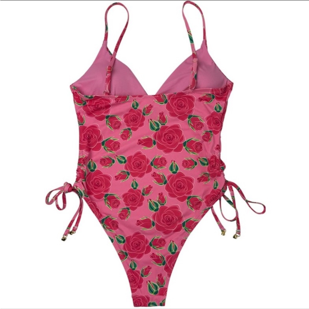 Betsy Johnson V Neck Pink Rose Bloom One Piece Scrunched Side Swimsuit - Picture 2 of 9